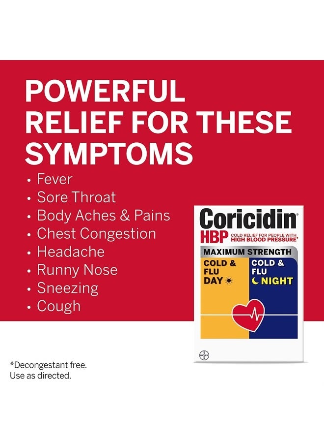 Coricidin HBP , Decongestant-Free Cold Symptom Relief for People with High Blood Pressure, Maximum Strength Cold & Flu Day + Night Liquid Gels, 24 Count  - Image 2
