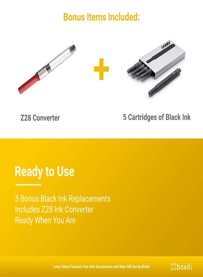 Boxiti Set - Lamy Safari | Yellow | Fine Nib | 5 Black Ink Cartridges, Z28 Converter and Wipe - Image 4