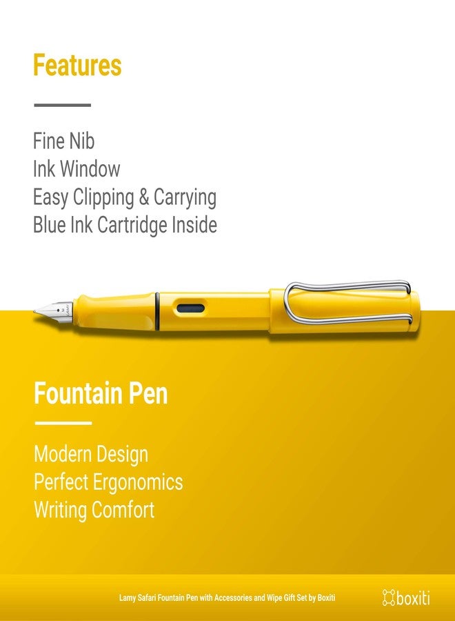 Boxiti Set - Lamy Safari | Yellow | Fine Nib | 5 Black Ink Cartridges, Z28 Converter and Wipe - Image 2