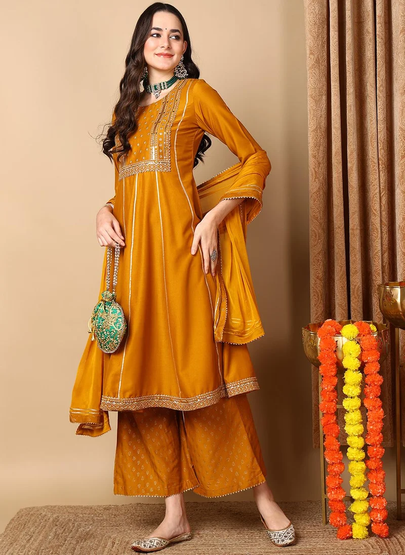 ZERESOUQ Mustard Silk Blend Solid Embroidered Anarkali Kurta Palazzo With Dupatta