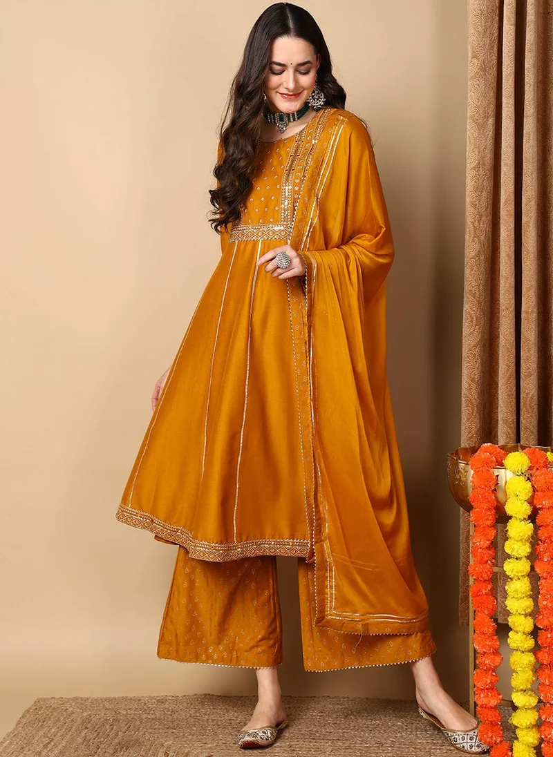ZERESOUQ Mustard Silk Blend Solid Embroidered Anarkali Kurta Palazzo With Dupatta