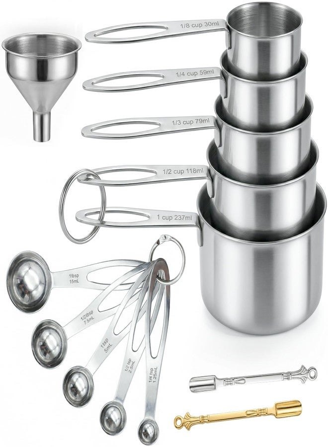 THLHKD 13PCS Stainless Steel Measuring Cups and Spoons Set with Funnel, Stackable Metal Measuring Cup and Spoon Set for Baking Cooking, Dishwasher Safe Kitchen Tools with for Dry & Liquid Ingredients - Image 1