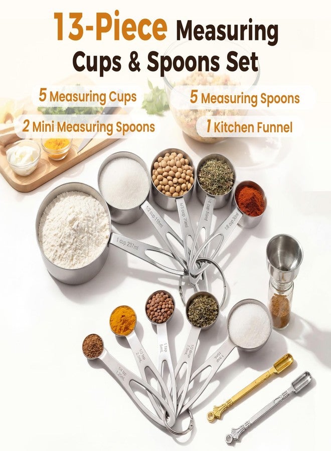 THLHKD 13PCS Stainless Steel Measuring Cups and Spoons Set with Funnel, Stackable Metal Measuring Cup and Spoon Set for Baking Cooking, Dishwasher Safe Kitchen Tools with for Dry & Liquid Ingredients - Image 3