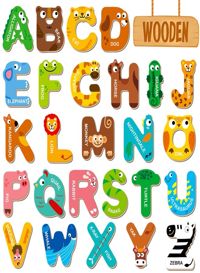 SpriteGru 26 Magnetic Wooden Letters, Cute Animal Alphabet ABC Wooden Magnets for Refrigerator, Colourful Uppercase Letter Animal Toy Set for Kids - Image 1