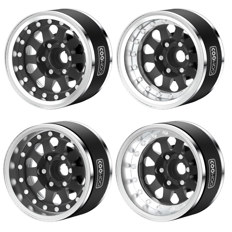كووو عجلات Coowoo RC ترقية 1.9 في Beadlock Wheels إزاحة قابلة للتعديل لـ 1/10 TRX6 TRX4 أو SCX10 RC مصنوعة من مجموعة من سبيكة الألومنيوم على شكل دموع من 4 أسود - Image 1