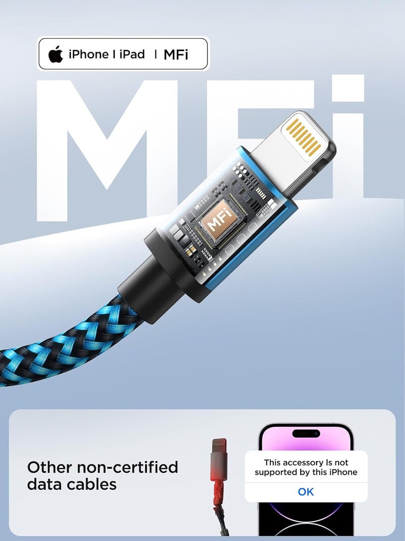 اييونوس كابل Aioneus من USB A إلى Lightning 3 حزم 2 متر، كابل شاحن iPhone معتمد من Apple MFi لشحن سريع للآيفون، كابل USB مضفر من النايلون للشحن السريع لآيفون 14 13 12 11 Pro Max Mini XS XR 8 7 6 Plus، آيباد - Image 3