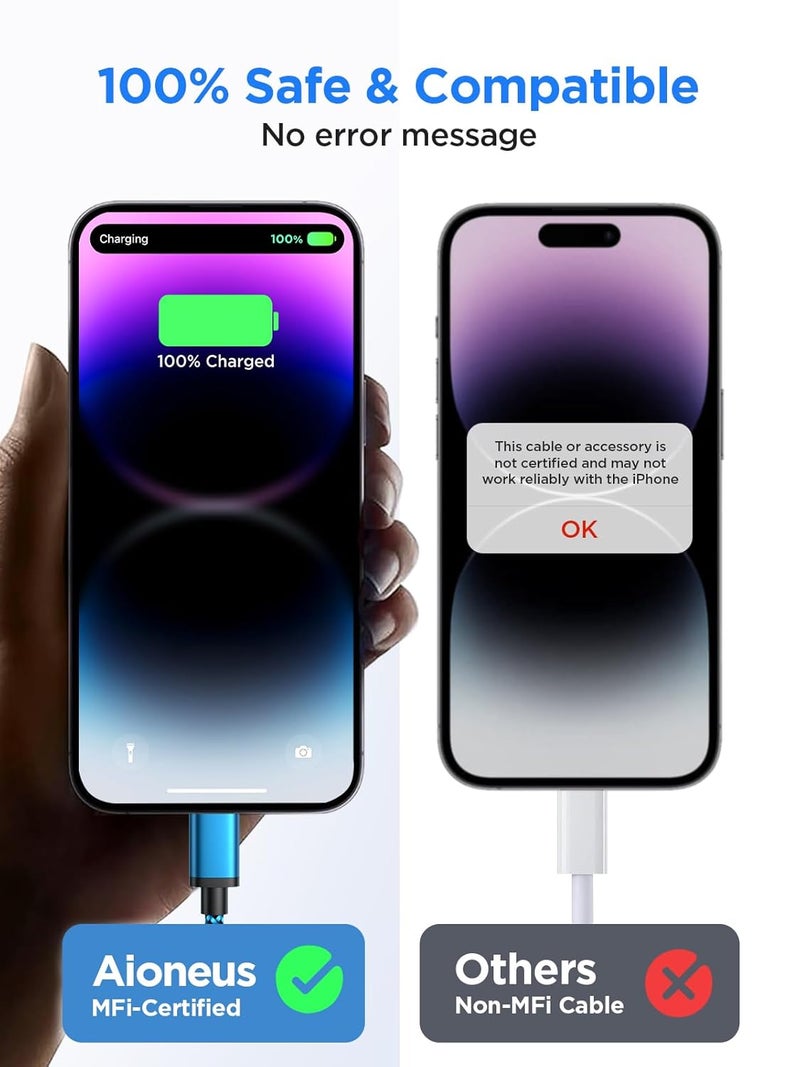 اييونوس كابل Aioneus من USB A إلى Lightning 3 حزم 2 متر، كابل شاحن iPhone معتمد من Apple MFi لشحن سريع للآيفون، كابل USB مضفر من النايلون للشحن السريع لآيفون 14 13 12 11 Pro Max Mini XS XR 8 7 6 Plus، آيباد - Image 5