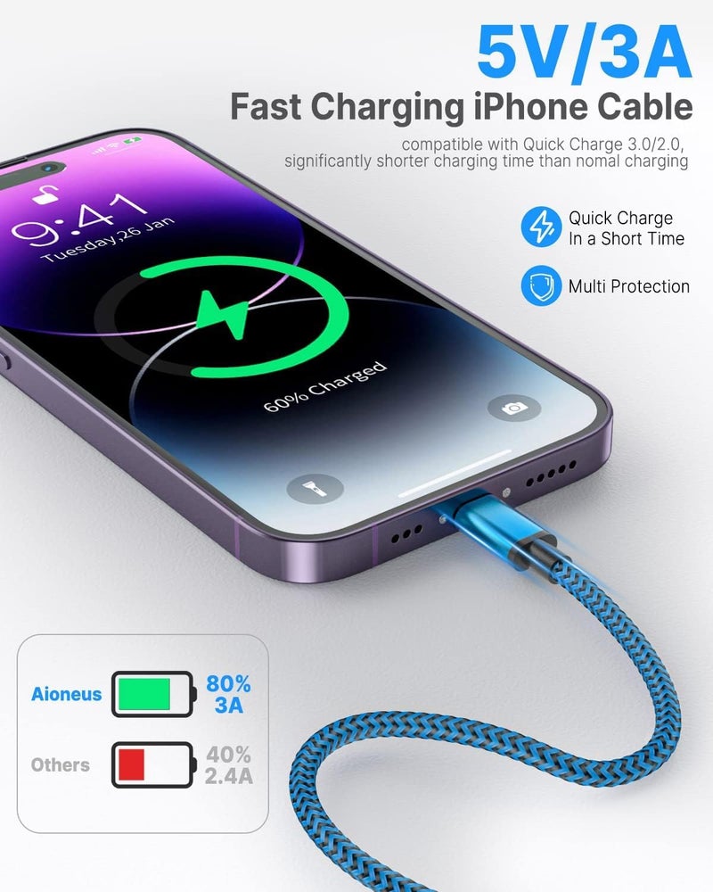 اييونوس كابل Aioneus من USB A إلى Lightning 3 حزم 2 متر، كابل شاحن iPhone معتمد من Apple MFi لشحن سريع للآيفون، كابل USB مضفر من النايلون للشحن السريع لآيفون 14 13 12 11 Pro Max Mini XS XR 8 7 6 Plus، آيباد - Image 2
