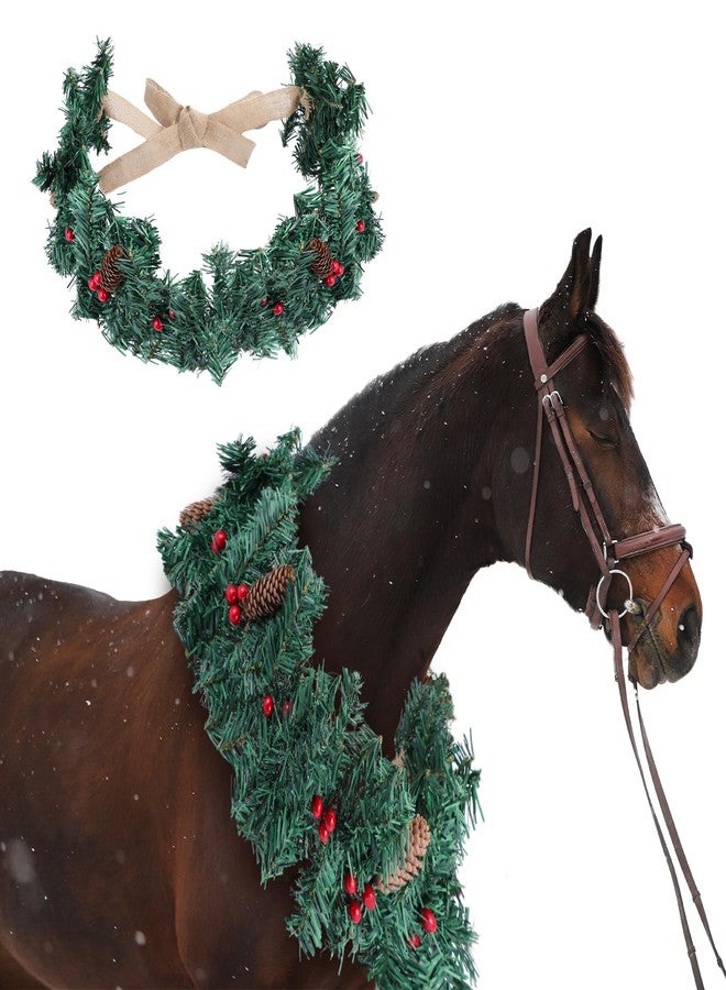 Dingion Christmas Wreath Horse Christmas Horses Neck Garland 16.9 Inches Artificial Outdoor Garland Horse Costume Rustic Farmhouse Decor for Xmas Holiday Party Parades Supplies(Green Wreath Style) - Image 1