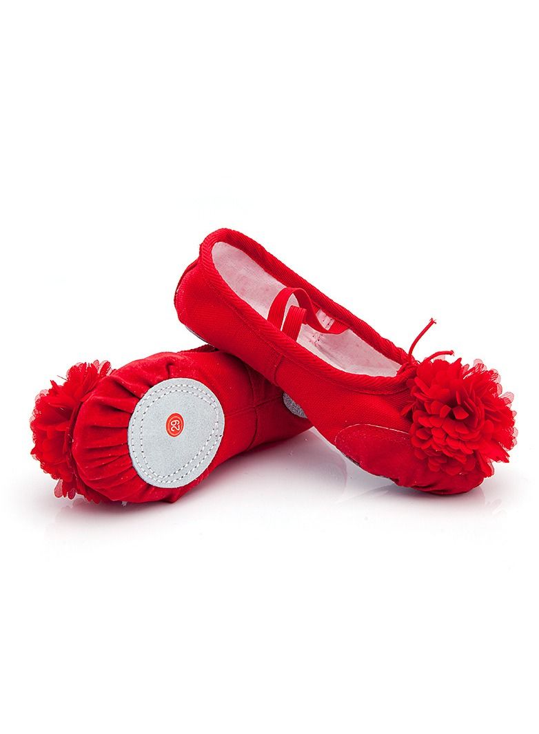 Loquat Girls' Flower Dance Shoes Practicing Ballet Shoes Leather Top Red
