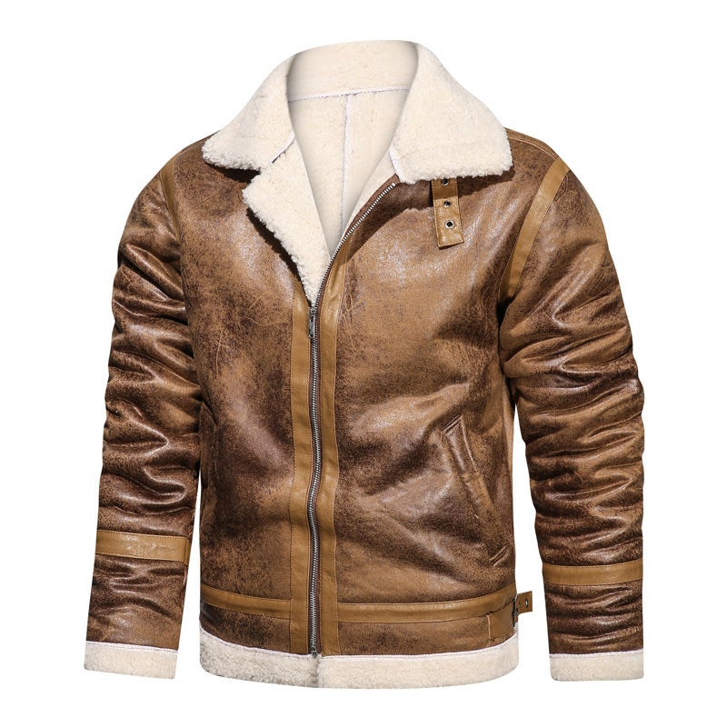 Men'S Lapel Lambskin Leather Jacket Large Size Thickened Warm-Keeping Bike Clothing Retro Leather Coat Leather Jacket Trendy - Image 1