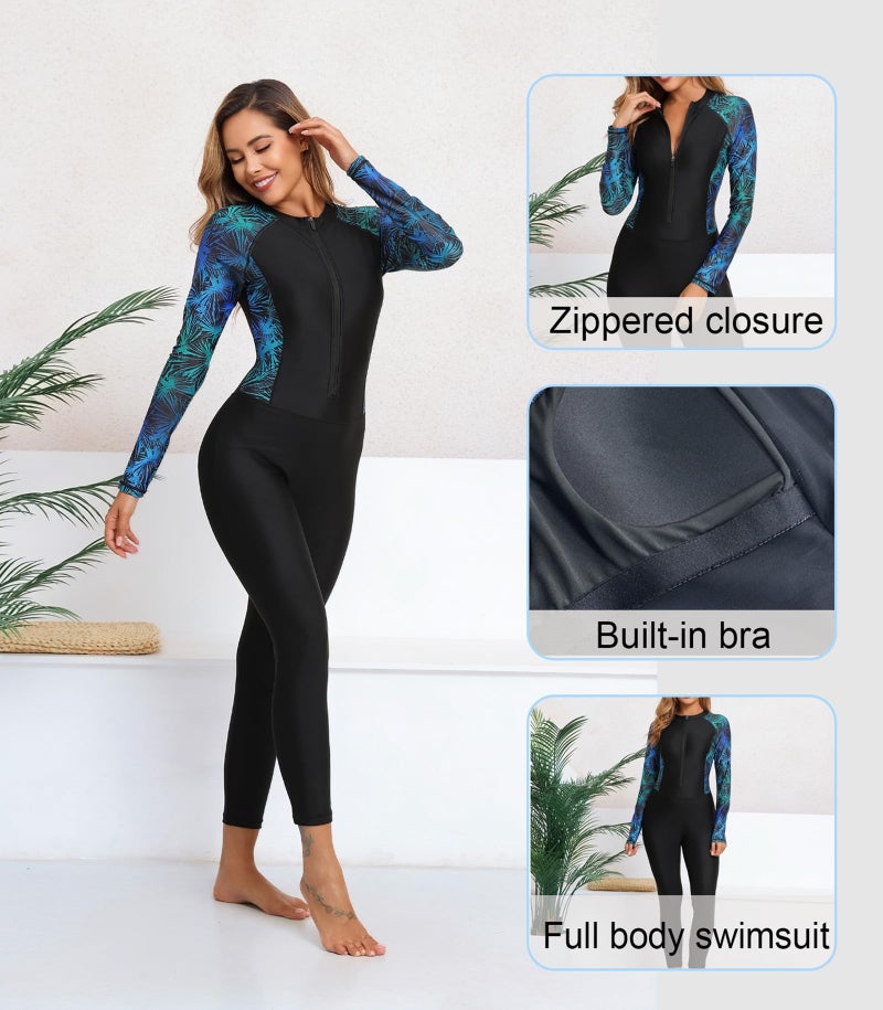 ALLTOKE Womens Full Body Rash Guard with Built in Bra Long Sleeve One Piece Swimsuit UPF50+ Zip Front Bathing Suit Black Green Lines M - Image 3