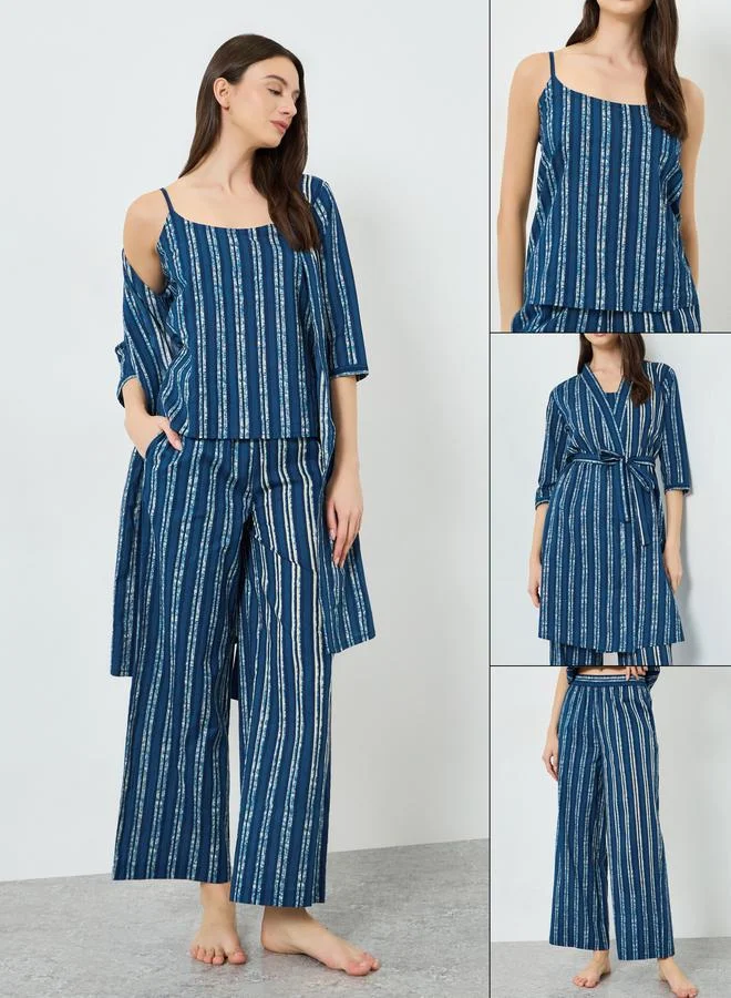 ستايلي مجموعة من 3 روب وبنطال مع بلوزة كامي بطبعة مخططة