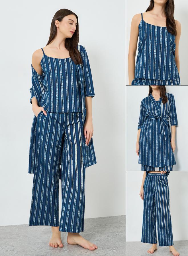 Styli Pack of 3 - Cotton Striped Cami, Pants and Robe Set - Image 1
