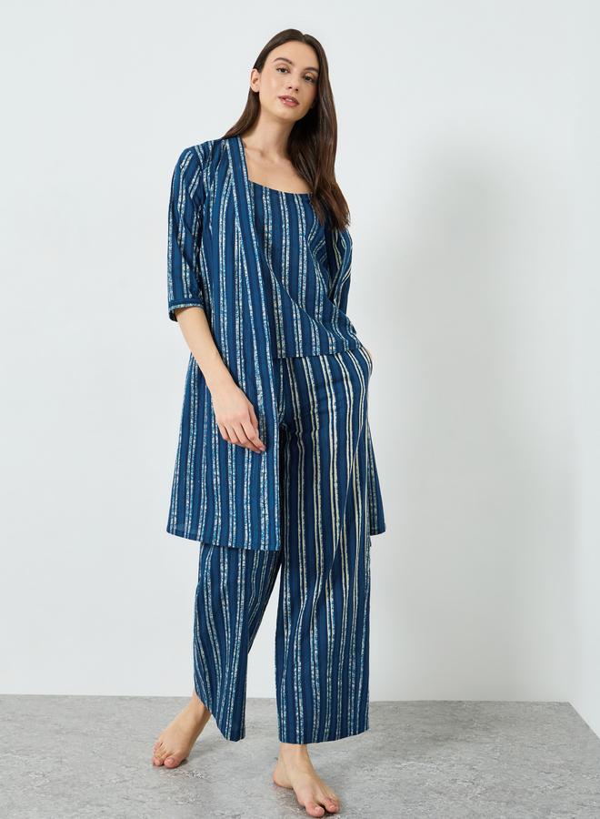 Styli Pack of 3 - Cotton Striped Cami, Pants and Robe Set - Image 4