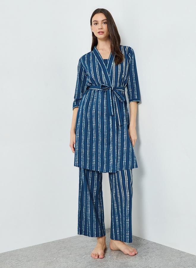 Styli Pack of 3 - Cotton Striped Cami, Pants and Robe Set - Image 3