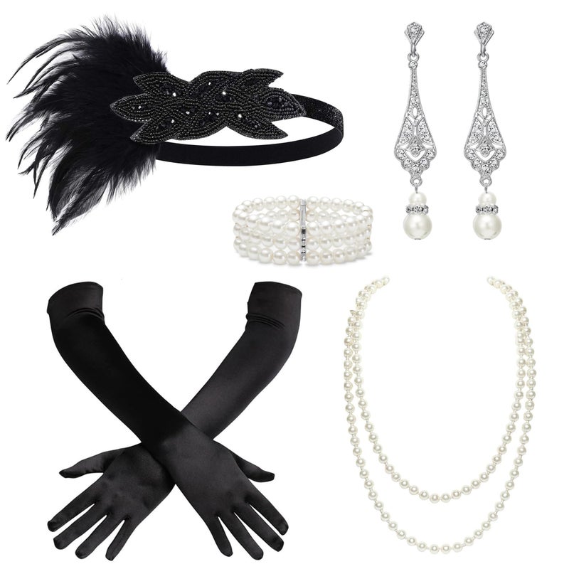 BABEYOND 1920s Flapper Accessories Great Gatsby Costume Accessories 20s Flapper Headband Pearl Necklace Gloves Plastic Holder - Image 1