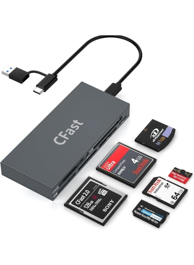 Rocketek 6-in-1 SD TF MS XD CFast Card Reader USB 3.0 High Speed Memory Card Reader with USB A USB C Dual Interface, Plug and Play Portable Multi Card Reader for PC Laptop Phone - Image 1