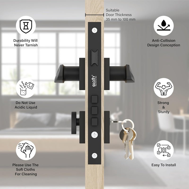 GLOXY GLOXY Heavy Duty Door Locks for Main Door Main Door Lock Door Lock with Handle Door Locks for Bedroom Mortise Lock for All Door Sleek Black Finish 2 Years Warranty Pack of 1  - Image 2