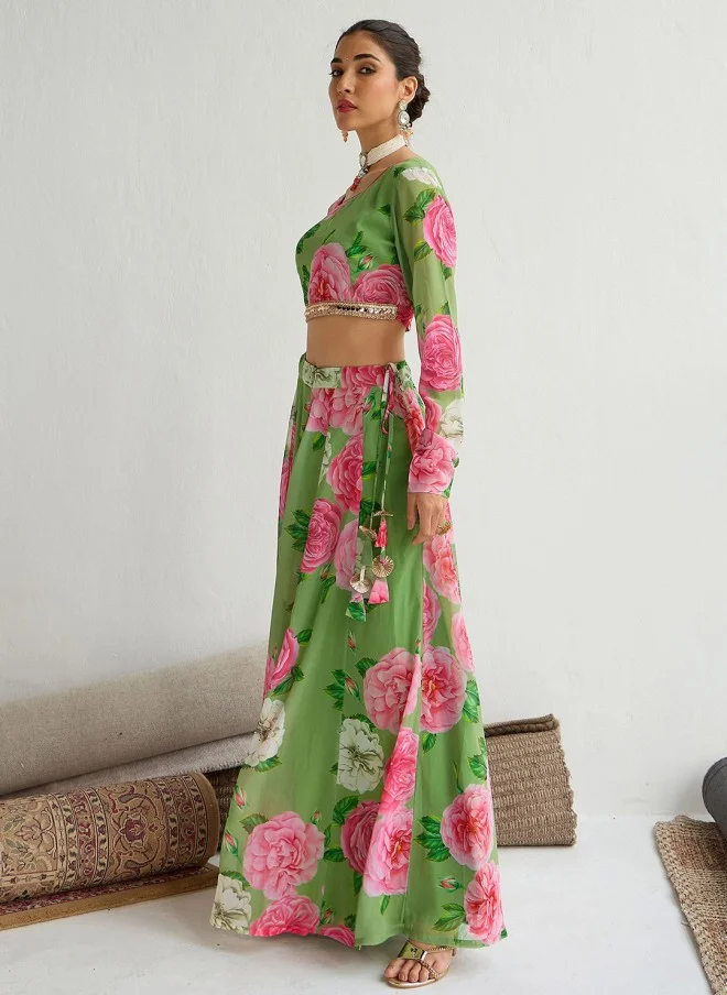 SASSAFRAS Green Floral Lehenga Choli for Women