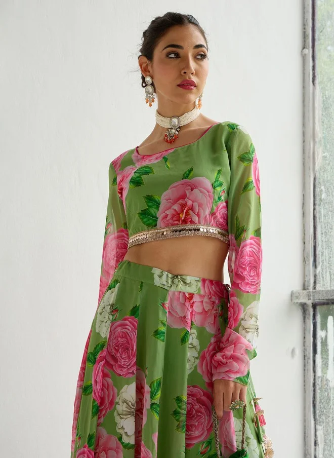 SASSAFRAS Green Floral Lehenga Choli for Women