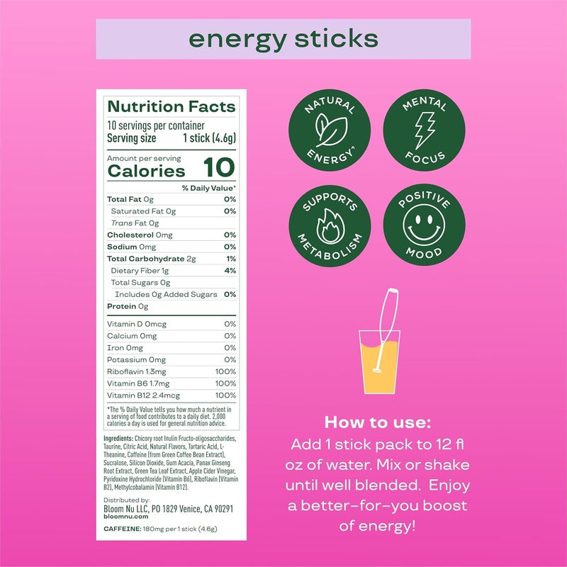 Bloom Nutrition Raspberry Lemon Energy Drink Powder Packets - Sugar Free, Natural Caffeine, 10 Sticks - Image 2