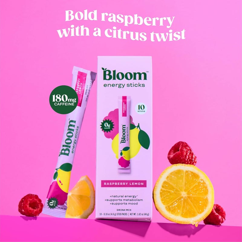Bloom Nutrition Raspberry Lemon Energy Drink Powder Packets - Sugar Free, Natural Caffeine, 10 Sticks - Image 3