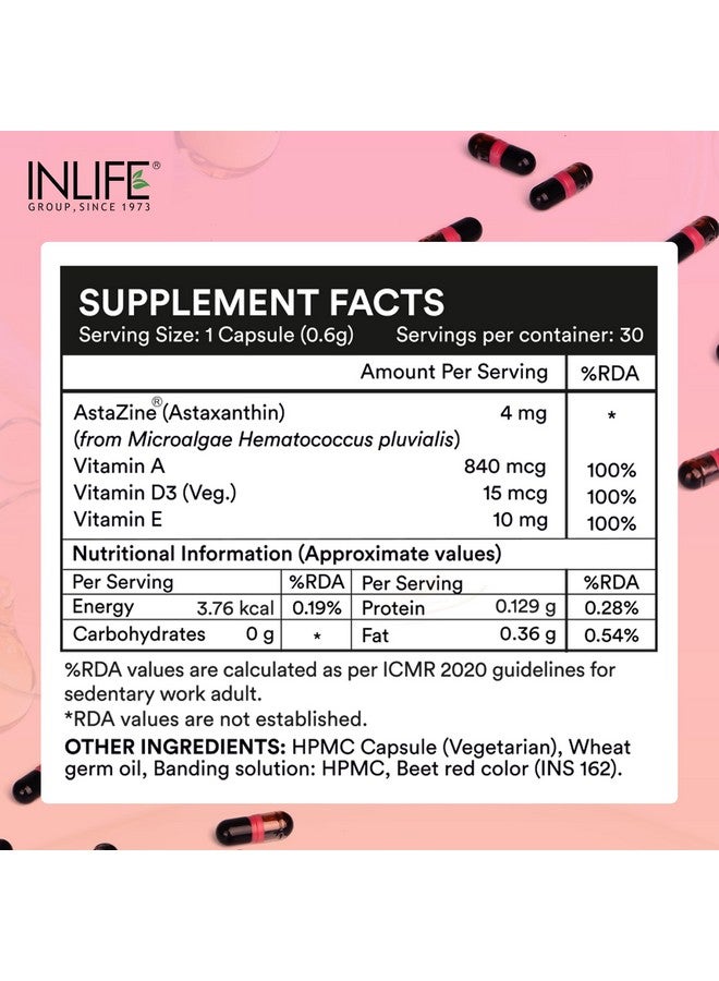 Inlife مكمل INLIFE أستازانتين 4 ملغ أستا زين | مكمل مضاد أكسدة طبيعي مع فيتامين A و D3 و E - صيغة عالية الامتصاص - 30 كبسولة سائلة نباتية - Image 2