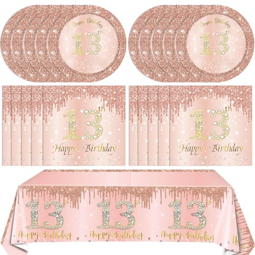 SNIMICS 41PCS 13th Birthday Decorations Rose Gold Theme 13 Year Old Girl Birthday Decorations Including Happy Birthday Plates Napkins Tablecloth for Official Teenager 13th Birthday Party - Image 1