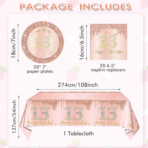 SNIMICS 41PCS 13th Birthday Decorations Rose Gold Theme 13 Year Old Girl Birthday Decorations Including Happy Birthday Plates Napkins Tablecloth for Official Teenager 13th Birthday Party - Image 2