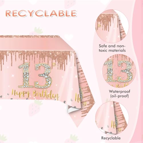 SNIMICS 41PCS 13th Birthday Decorations Rose Gold Theme 13 Year Old Girl Birthday Decorations Including Happy Birthday Plates Napkins Tablecloth for Official Teenager 13th Birthday Party - Image 3