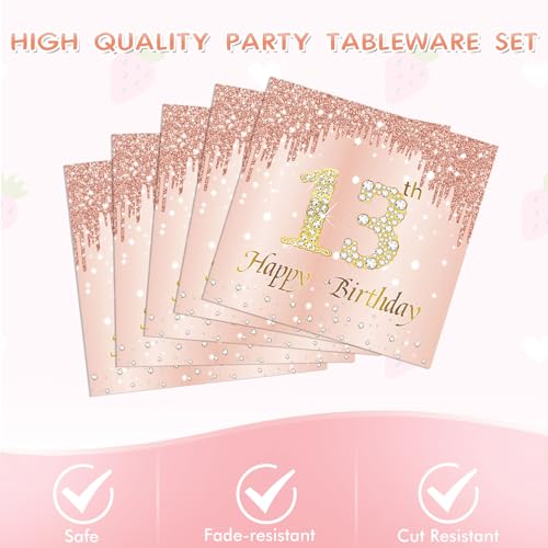 SNIMICS 41PCS 13th Birthday Decorations Rose Gold Theme 13 Year Old Girl Birthday Decorations Including Happy Birthday Plates Napkins Tablecloth for Official Teenager 13th Birthday Party - Image 4