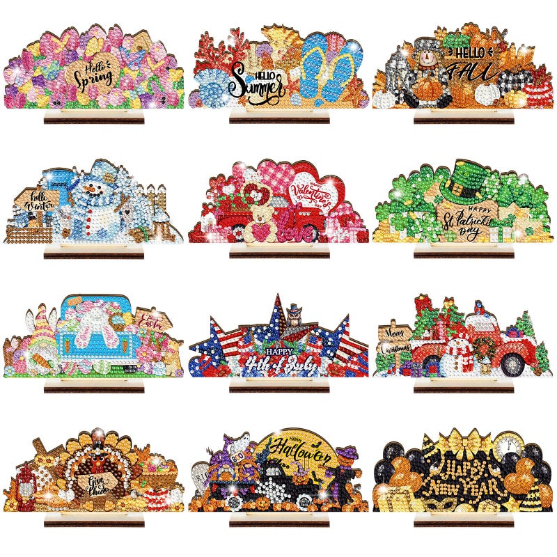 YooNotee 13 Pcs Interchangeable Seasonal Diamond Art Tabletop Decorations Holiday Diamond Art Painting Kit with Acrylic Base for Holiday Table Tiered Tray Home Office Tabletop Centerpiece Decor - Image 1
