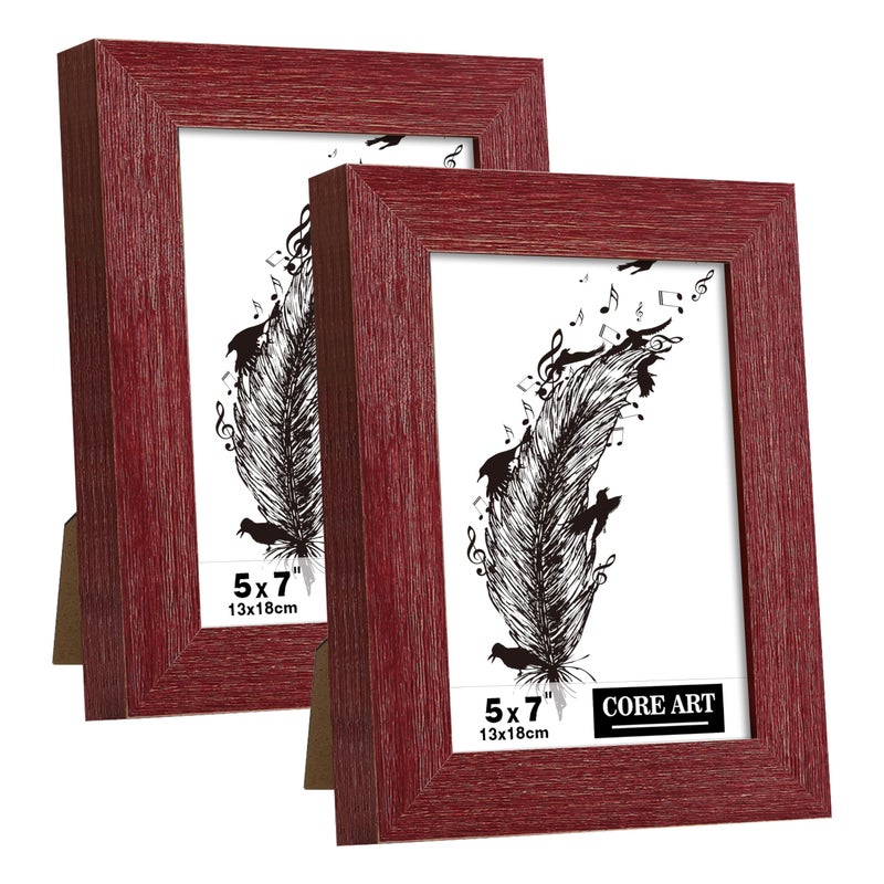 CORE ART 5x7 Picture Frame  Handmade Wood Rustic Red Photo Frame Set of 2  High Definition Semi-tempered Glass Wall or Tabletop Display - Image 1