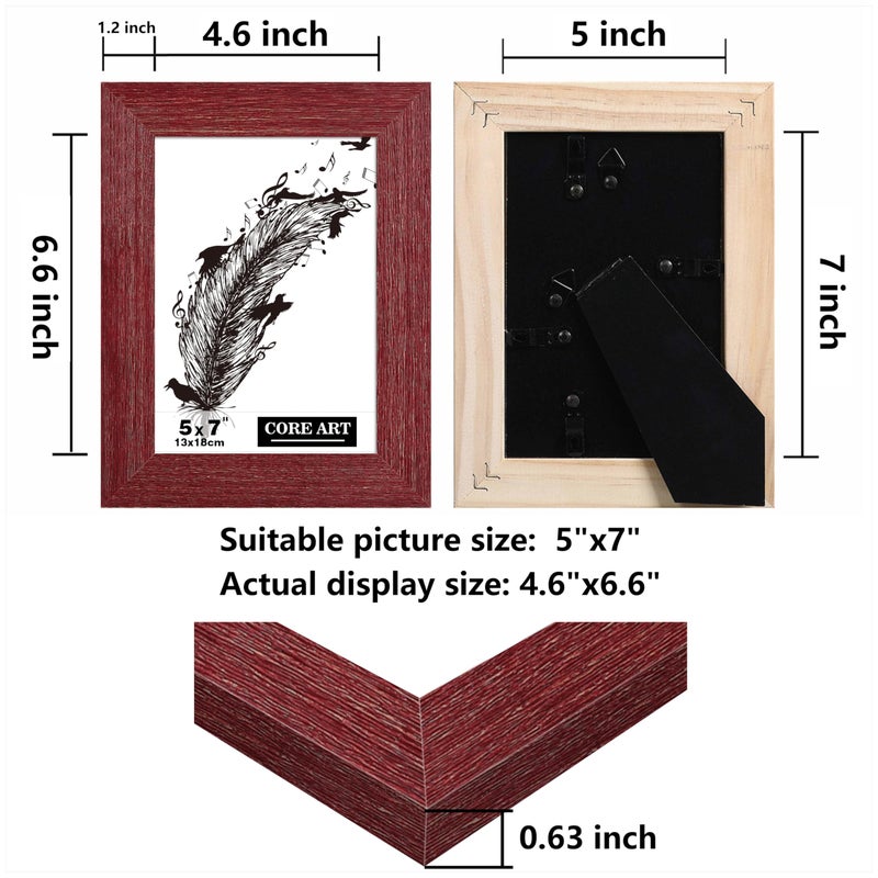 CORE ART 5x7 Picture Frame  Handmade Wood Rustic Red Photo Frame Set of 2  High Definition Semi-tempered Glass Wall or Tabletop Display - Image 2