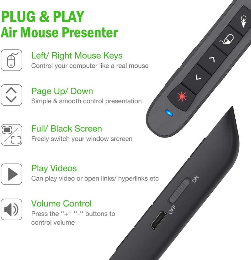 DinoFire Air Mouse Green Presentation Remote Control USB Rechargeable Presentation Clicker Wireless Presenter RF 2.4 GHz Powerpoint Clicker Slide Advancer Changer Mac/Laptop/Computer - Image 2