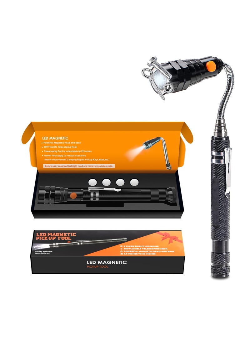 Magnetic Pickup Tool with 3 LED Lights, Birthday Gifts for Men, Extendable Magnetic Flashlight with 360° Rotation Telescoping Neck, Cool Gadgets Gifts for Men, Dad, Husband, Black - Image 1