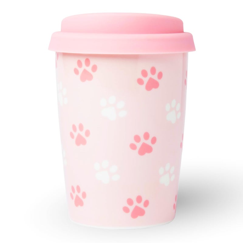 ARTHAUSEN Ceramic Travel Coffee Mug with Lid - Paw Prints - Reusable China & Silicone Portable Hot & Cold Drink Container - Dishwasher & Microwave Safe - 9 oz Max Capacity - Image 1