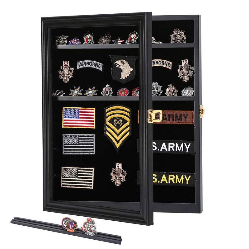 SNAIL Military Challenge Coin Medals Pins Collector Display Case Lockable Wall Frame Wood Cabinet Black Shadow Box with Removable Shelves and Pinnable Background for Badges Patches Insignia Ribbons Brooches
