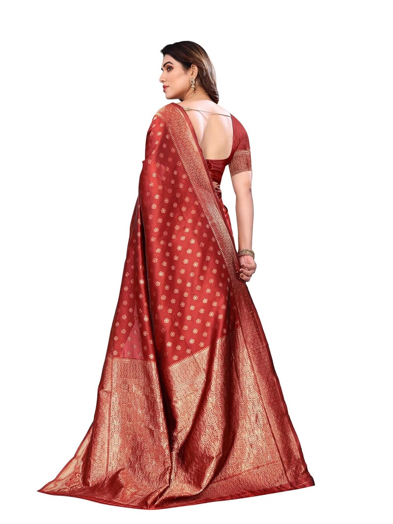 Sidhidata ساري سيدهيداتا النسائي الأحمر من الحرير الجاكار البناراسي مع قطعة بلوزة غير مخيطة - Image 3