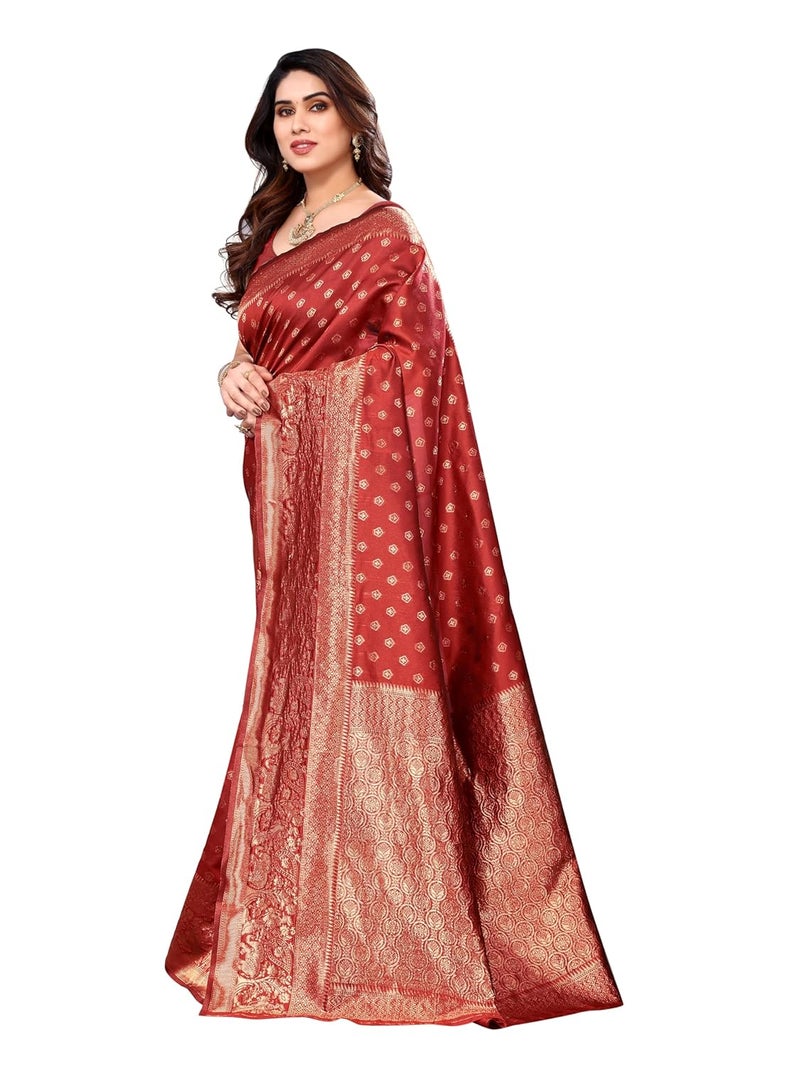 Sidhidata ساري سيدهيداتا النسائي الأحمر من الحرير الجاكار البناراسي مع قطعة بلوزة غير مخيطة - Image 4