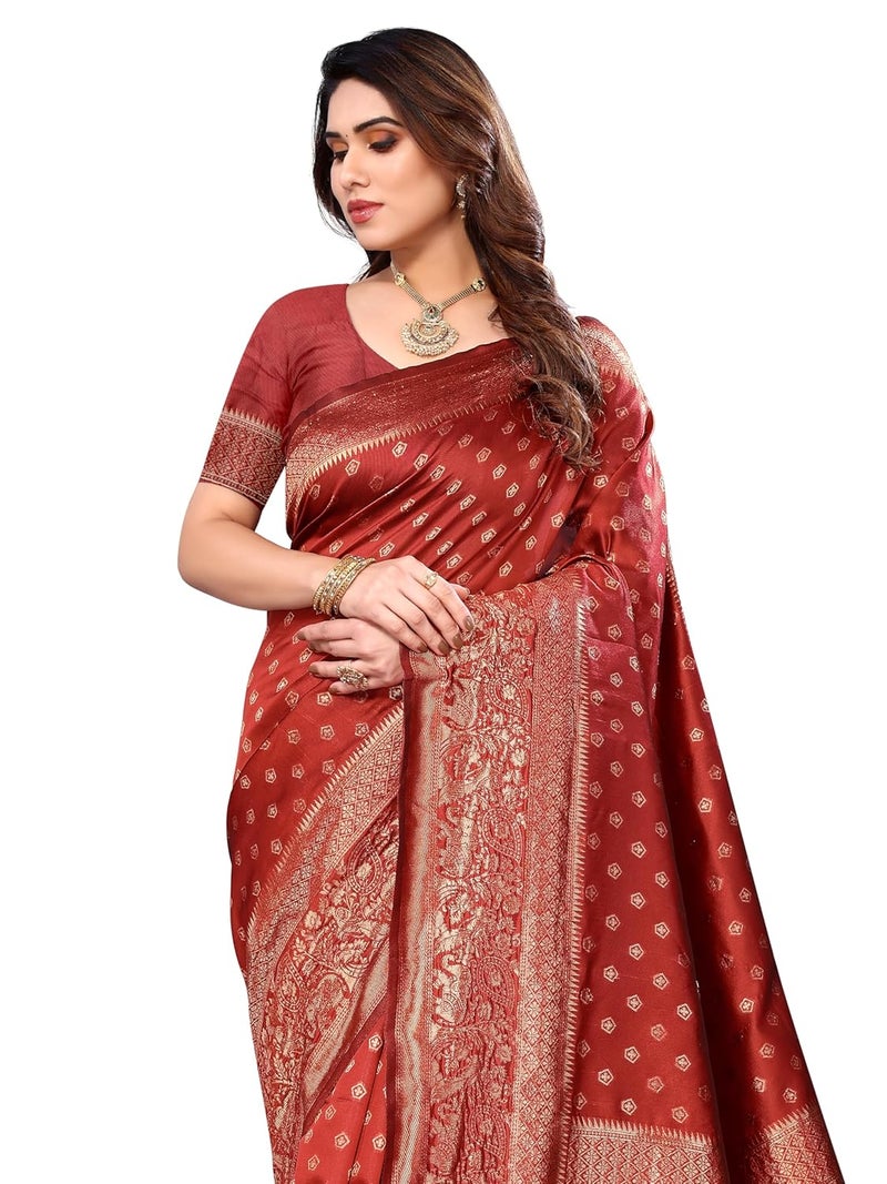 Sidhidata ساري سيدهيداتا النسائي الأحمر من الحرير الجاكار البناراسي مع قطعة بلوزة غير مخيطة - Image 2