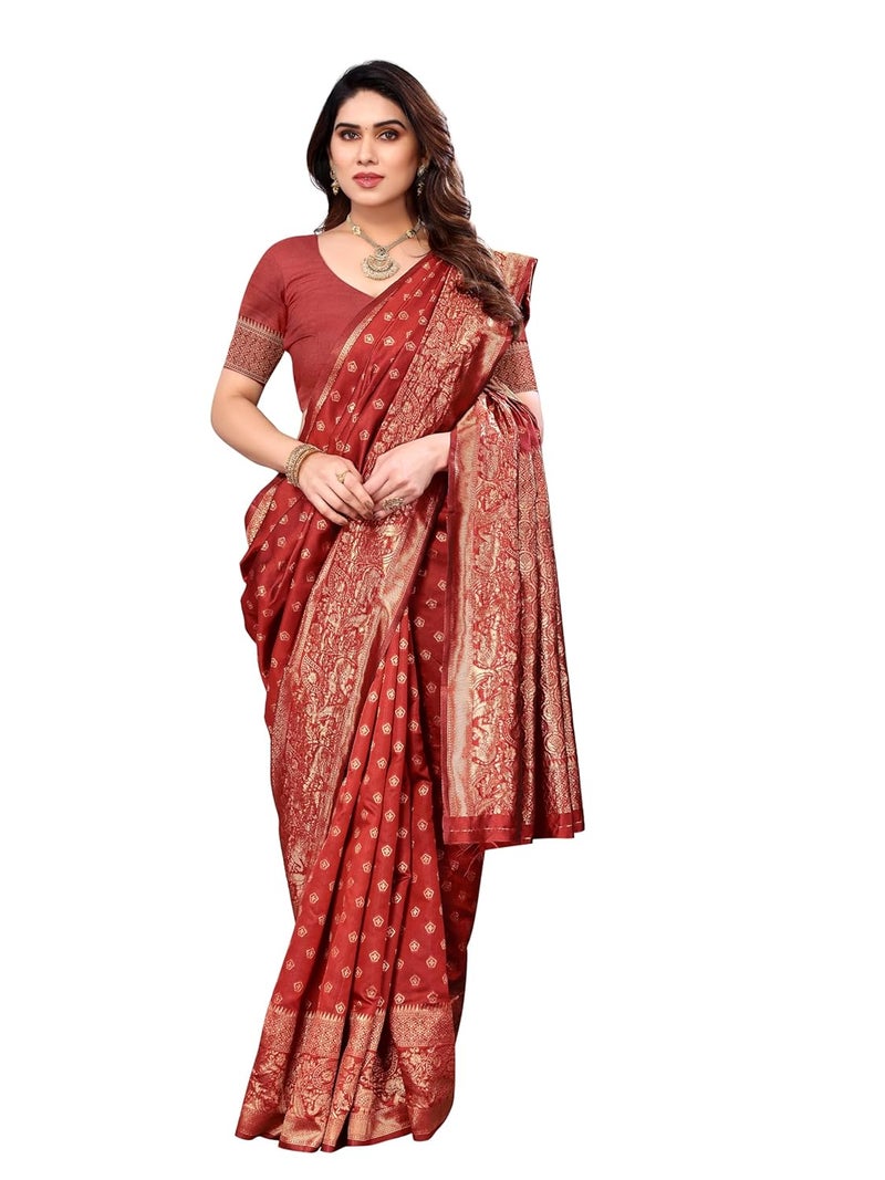 Sidhidata ساري سيدهيداتا النسائي الأحمر من الحرير الجاكار البناراسي مع قطعة بلوزة غير مخيطة - Image 5