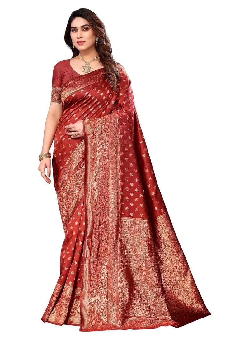 Sidhidata ساري سيدهيداتا النسائي الأحمر من الحرير الجاكار البناراسي مع قطعة بلوزة غير مخيطة - Image 1