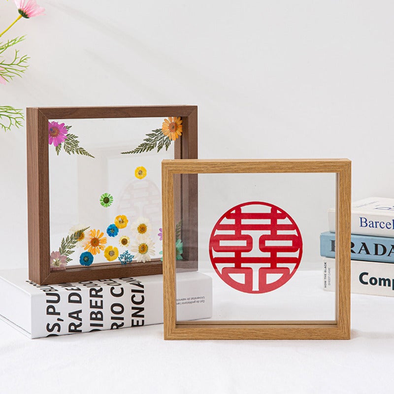 Square 7 In Wooden Photo Frame - Double-Sided Real Glass 360° Rotatable Tabletop Decoration for Wedding Home Display - Image 3