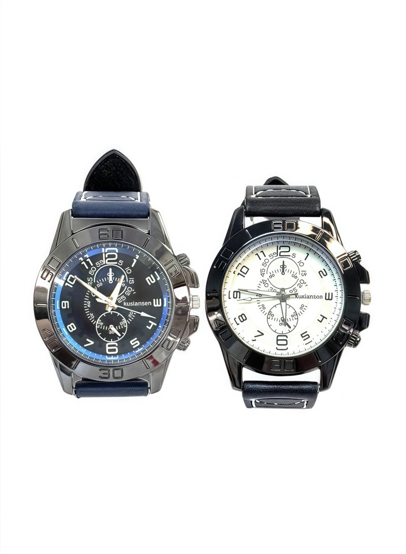 kuxiansen 2PCS Men Watches Casual Wristwatch PU Leather Black/Blue Strap Analog Quartz Watch Sets as Gift for Men - Image 1