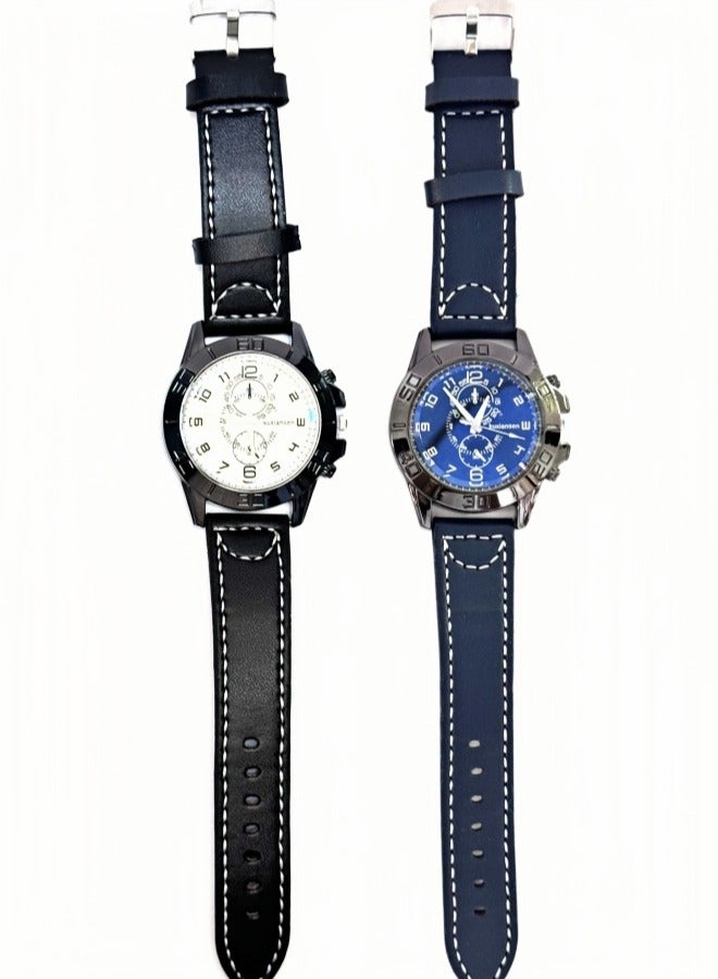 kuxiansen 2PCS Men Watches Casual Wristwatch PU Leather Black/Blue Strap Analog Quartz Watch Sets as Gift for Men - Image 3