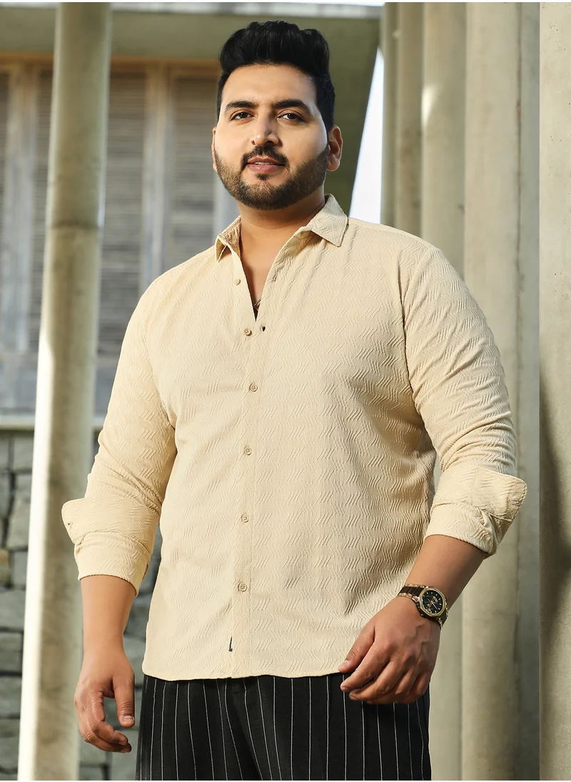 Instafab Plus Instafab Plus Men's Khaki Beige Chevron-Tactile Shirt For Casual Wear | Spread Collar | Long Cuffed Sleeves | Button Closure | Plus Size Shirt Crafted With Comfort Fit For Everyday Wear