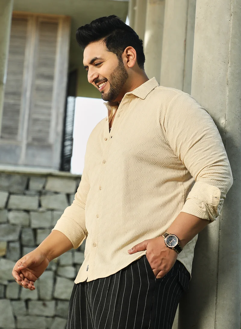 Instafab Plus Instafab Plus Men's Khaki Beige Chevron-Tactile Shirt For Casual Wear | Spread Collar | Long Cuffed Sleeves | Button Closure | Plus Size Shirt Crafted With Comfort Fit For Everyday Wear