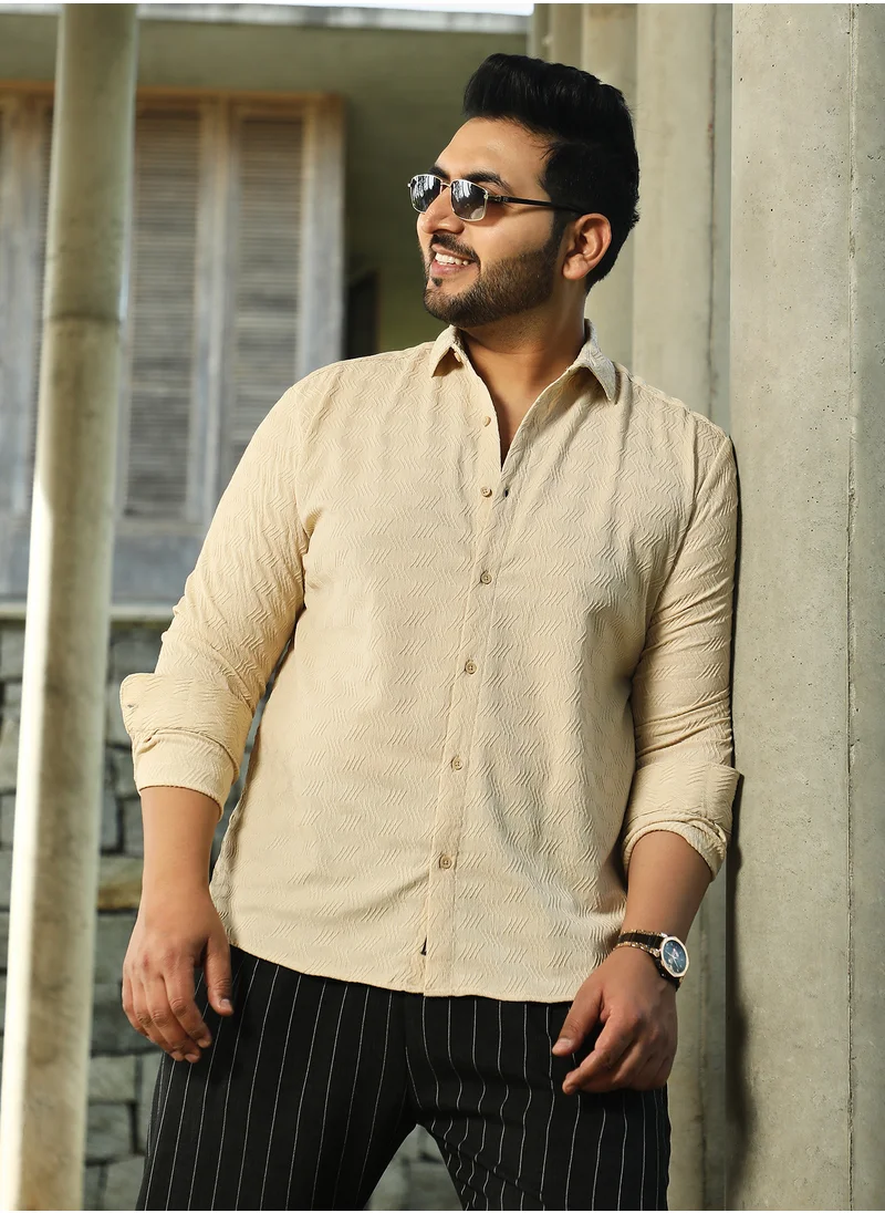 Instafab Plus Instafab Plus Men's Khaki Beige Chevron-Tactile Shirt For Casual Wear | Spread Collar | Long Cuffed Sleeves | Button Closure | Plus Size Shirt Crafted With Comfort Fit For Everyday Wear